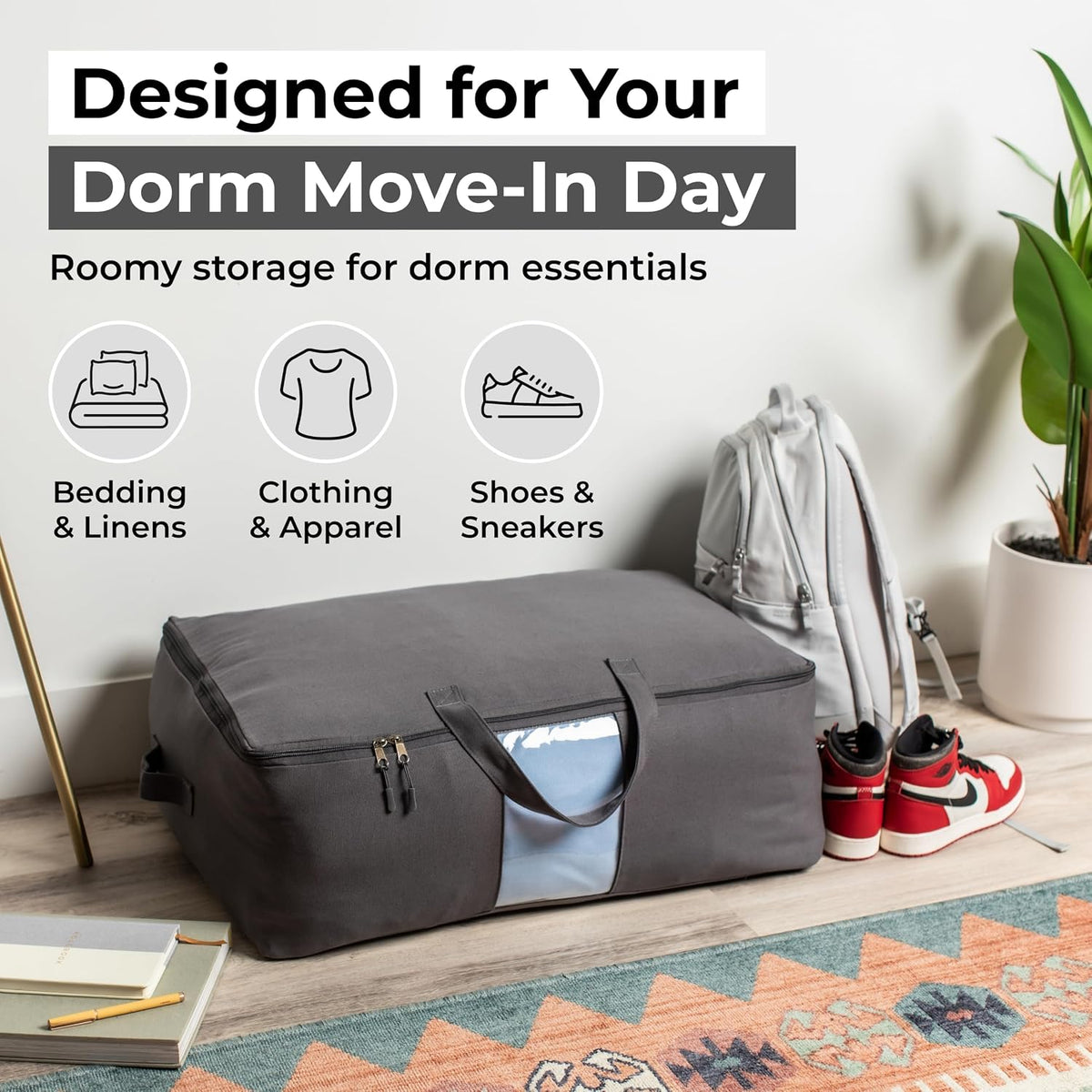 Soft Canvas Storage Bags with Zipper. Thick Breathable, 2pc King/Queen Comforter Organizer. Four Carrying Handles and Window. Large 25x19x9in Bag for Sheets Blankets Bedding Pillows, Clothes
