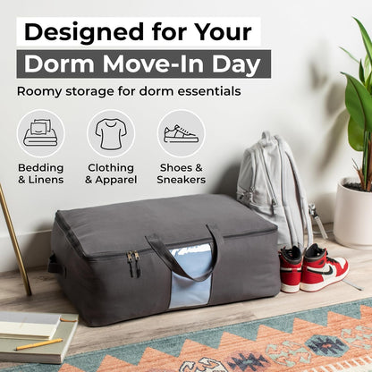 Soft Canvas Storage Bags with Zipper. Thick Breathable, 2pc King/Queen Comforter Organizer. Four Carrying Handles and Window. Large 25x19x9in Bag for Sheets Blankets Bedding Pillows, Clothes