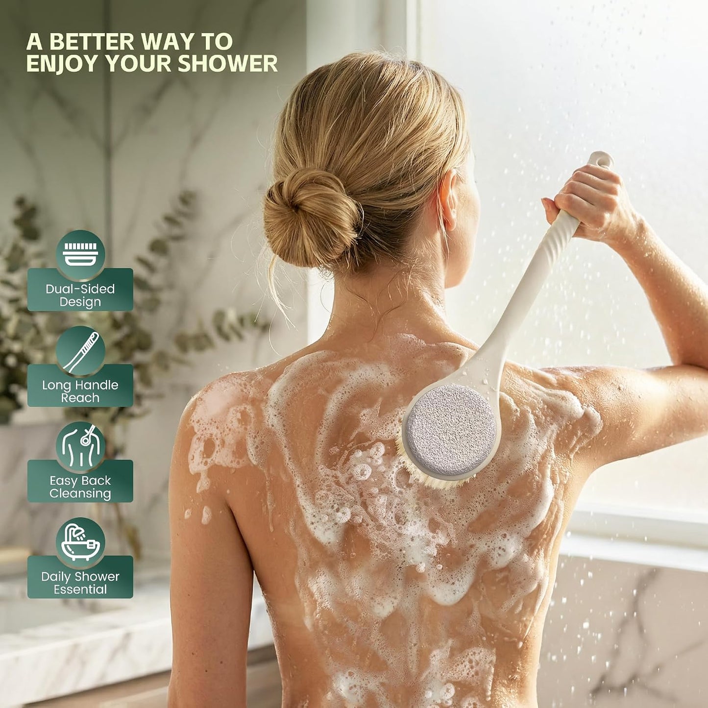 Back Scrubber for Shower, 15.7" Loofah with Handle, Back Shower Brush with Bristles and Loofah, Dry Brushing Body Brush for Cleanse Back and Hard to Reach Areas with Curved Long Handle