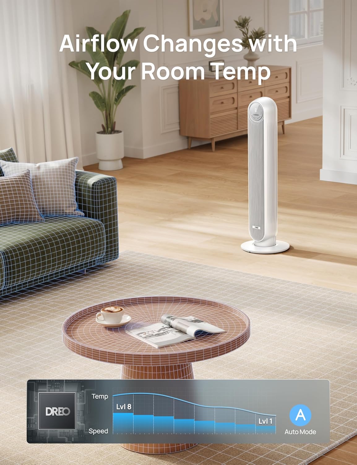 DREO Tower Fan for Bedroom, 2026 Upgraded DC Motor, 28ft/s Smart Standing Fans, 90° Oscillating Floor Fan with 20dB Ultra Quiet, 8 Speeds 4 Modes, 8H Timer, Bladeless, Remote, WiFi Voice Control