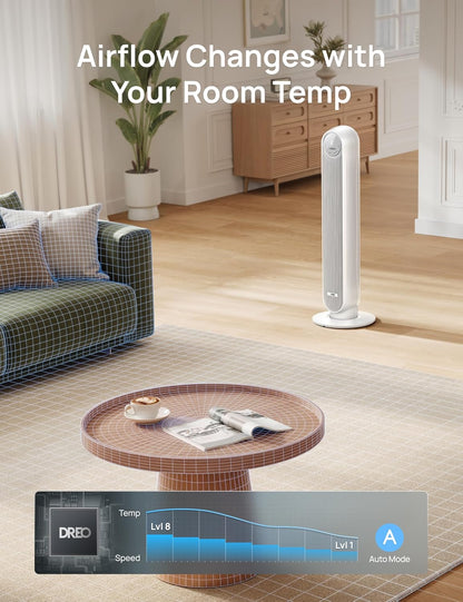 DREO Tower Fan for Bedroom, 2026 Upgraded DC Motor, 28ft/s Smart Standing Fans, 90° Oscillating Floor Fan with 20dB Ultra Quiet, 8 Speeds 4 Modes, 8H Timer, Bladeless, Remote, WiFi Voice Control