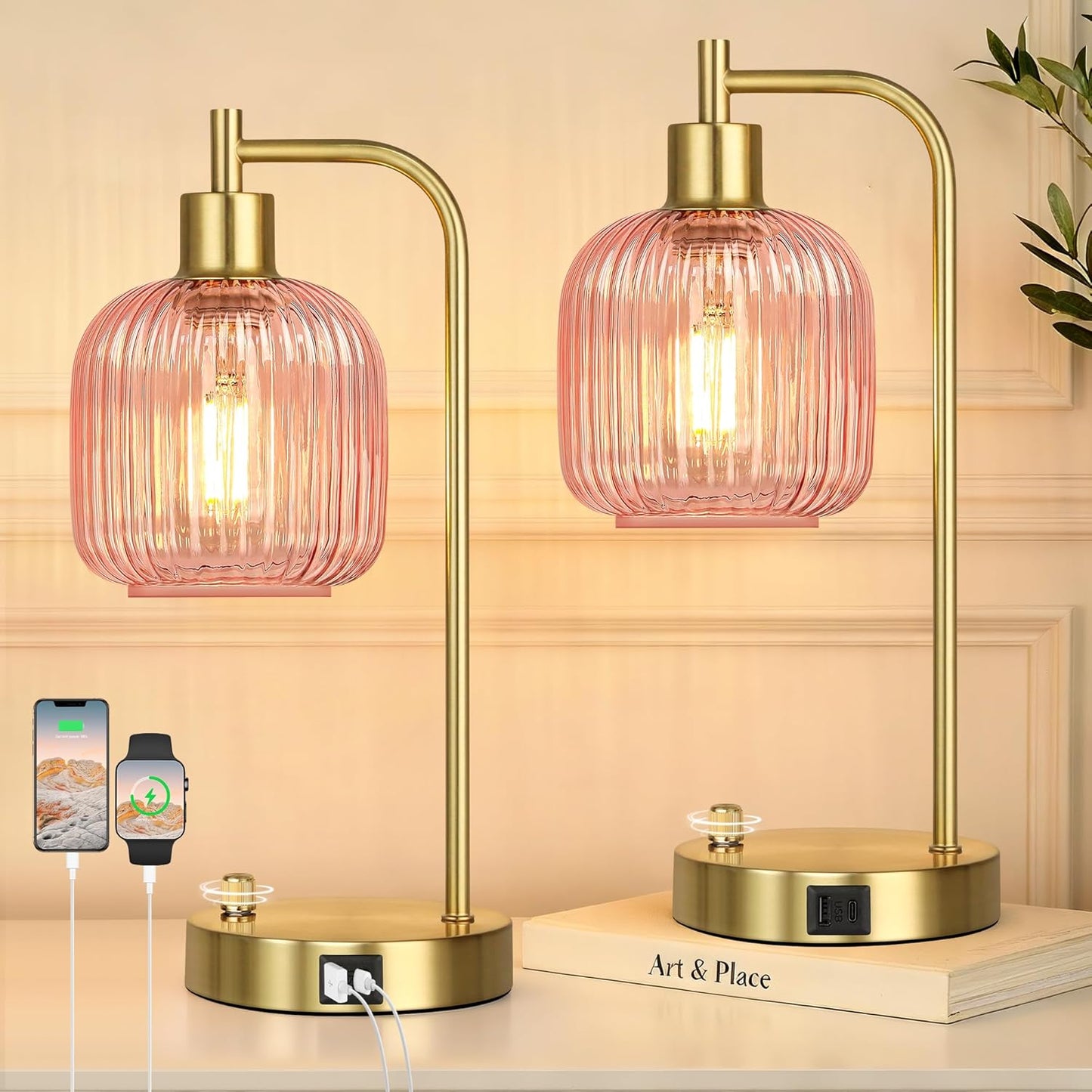 QiMH Industrial Table Lamp for Bedroom Set of 2, Green Glass Beside Lamp with USB A&C Ports, Stepless Dimmable Gold Lamps, Nightstand Lamps for Living Room, Office, Home Decor(Bulb Included)