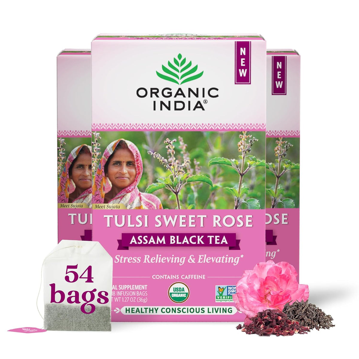 ORGANIC INDIA Tulsi Sweet Rose Assam Black, 18 Rose Tea Bags (Pack of 3)