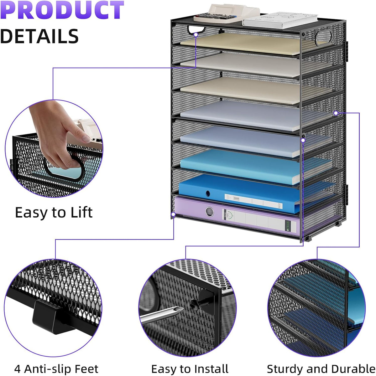 Marbrasse 6 Tier Paper Organizer Letter Tray - Mesh Desk File Organizer with Handle, Paper Sorter Organizer for Letter/A4 Office File Folder Holder - Black
