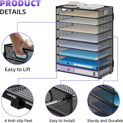 Marbrasse 6 Tier Paper Organizer Letter Tray - Mesh Desk File Organizer with Handle, Paper Sorter Organizer for Letter/A4 Office File Folder Holder - Black