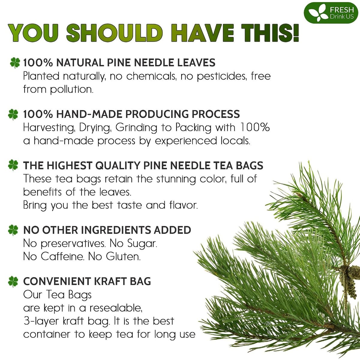 FreshDrinkUS, Premium Pine Needle Tea, 40 Count, Pure, Caffeine Free