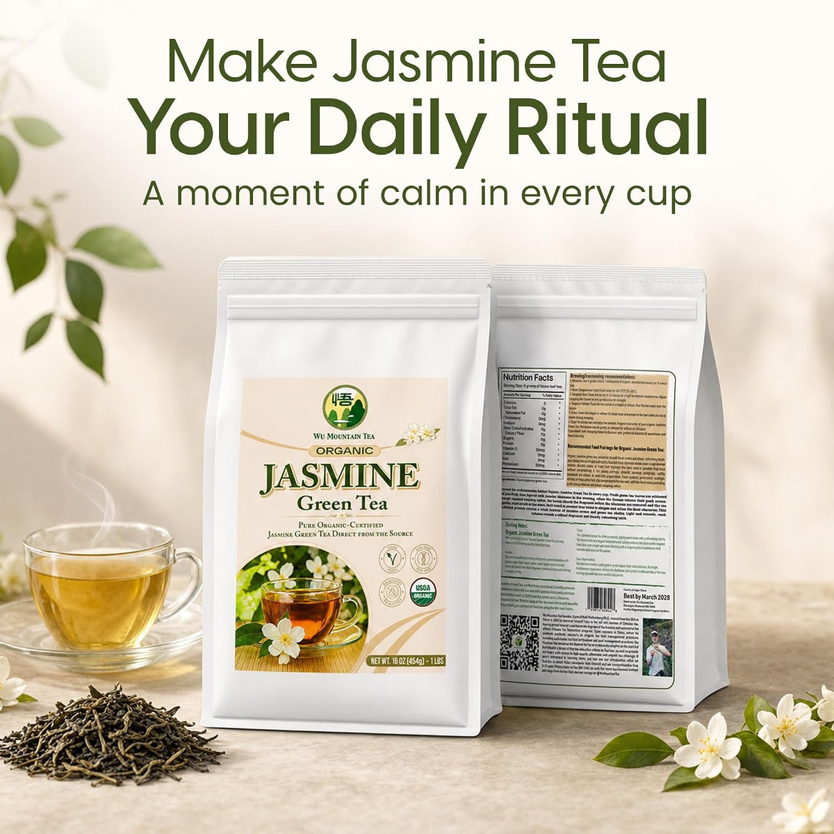 Wu Mountain Tea Organic Jasmine Green Tea – 1 lb Loose Leaf – USDA Organic Chinese Green Tea Scented with Jasmine Blossoms – Smooth Floral Aroma, Clean Finish, No Additives – Hot or Iced Tea