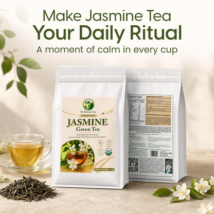 Wu Mountain Tea Organic Jasmine Green Tea – 1 lb Loose Leaf – USDA Organic Chinese Green Tea Scented with Jasmine Blossoms – Smooth Floral Aroma, Clean Finish, No Additives – Hot or Iced Tea