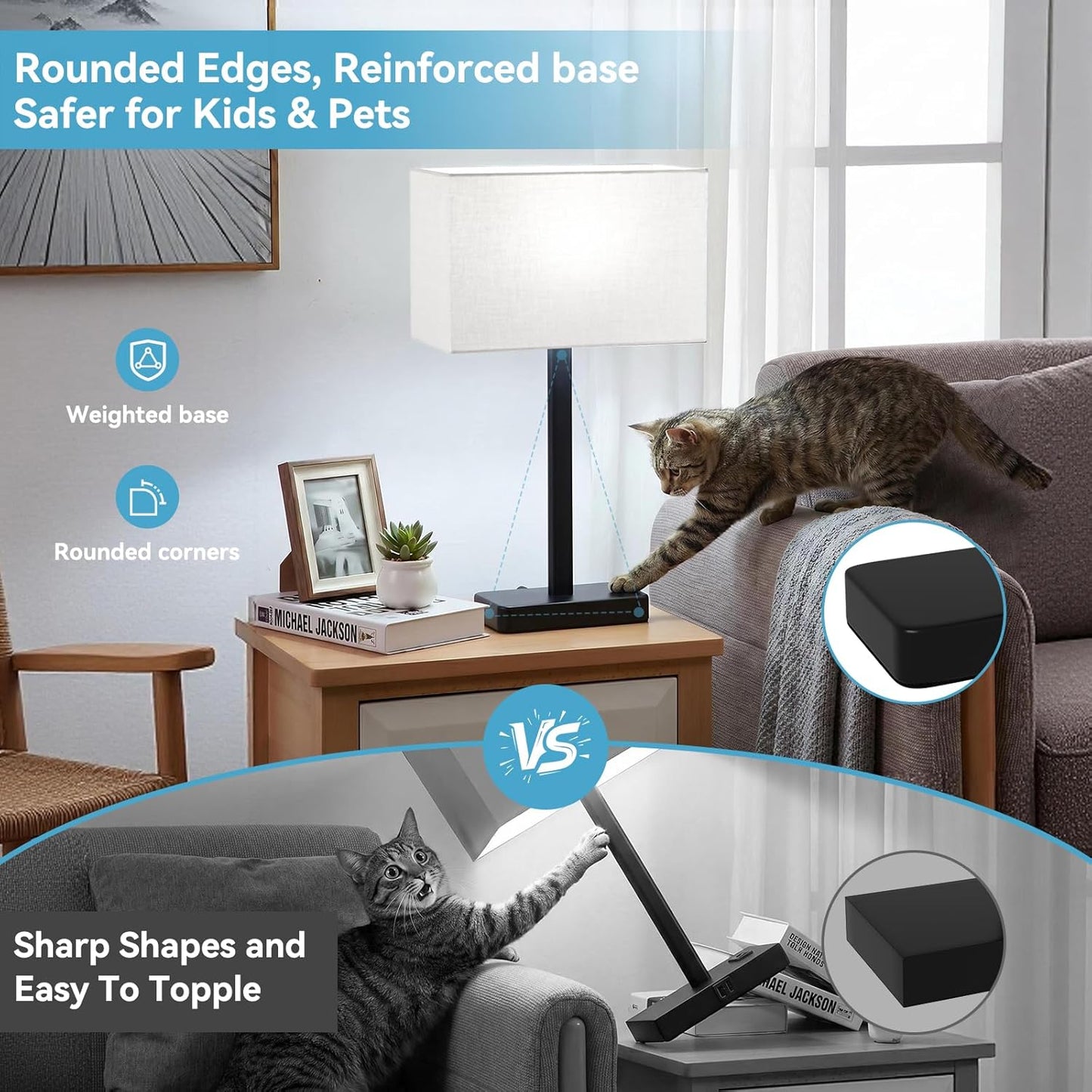 Hong-in Touch Lamps for Bedroom - 3-Way Dimmable Bedside Lamps Set of 2 with USB C+A, Grey Modern Table Lamp for Night Stands, Desk Lamp for Living Room Nightstand End Tables Bed Side