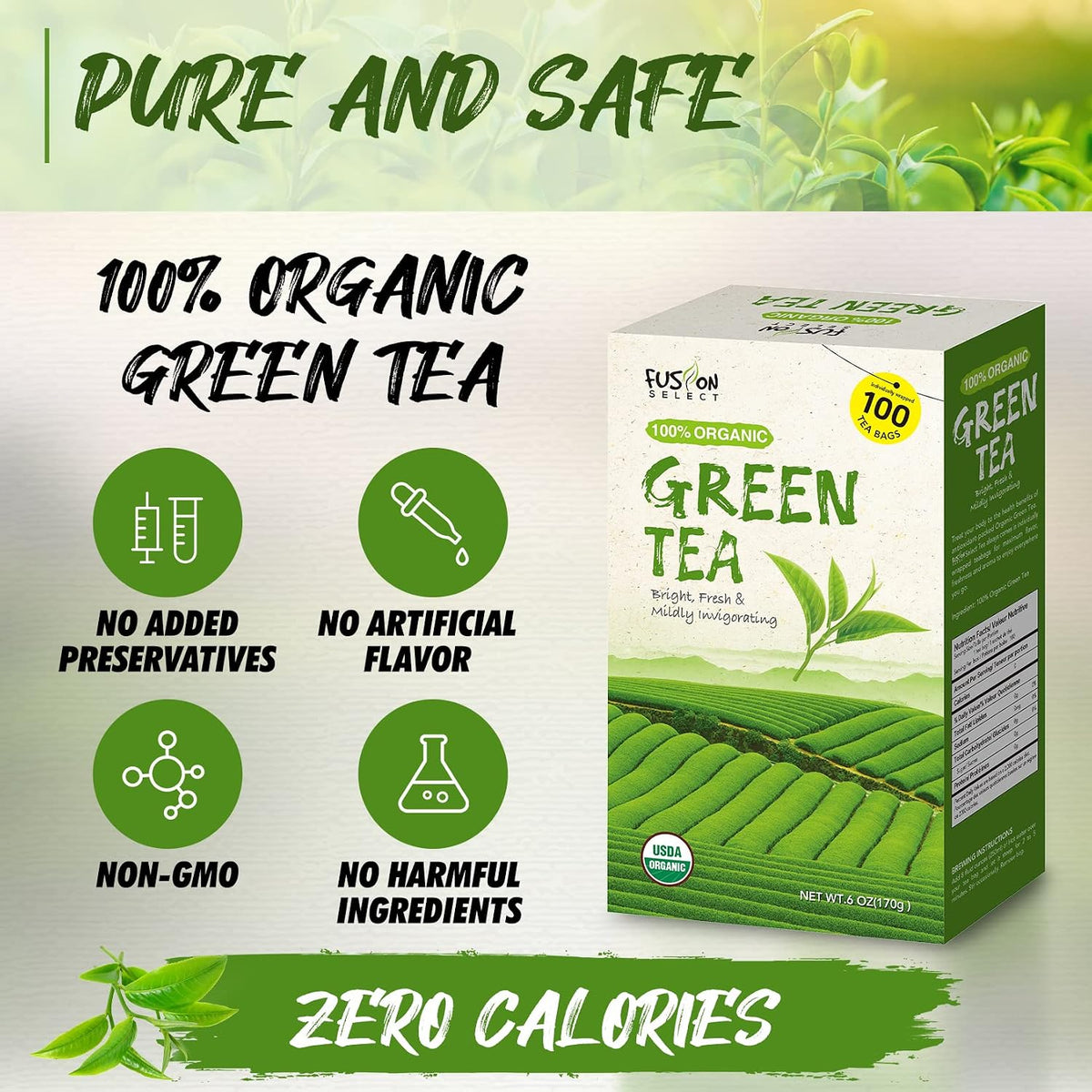 Fusion Select Organic Green Tea - Fresh Drink with Mild & Bright Flavor - Easy to Brew - Relaxing Tea Beverages with Antioxidant Support - 100 Individual Tea Bags per Box
