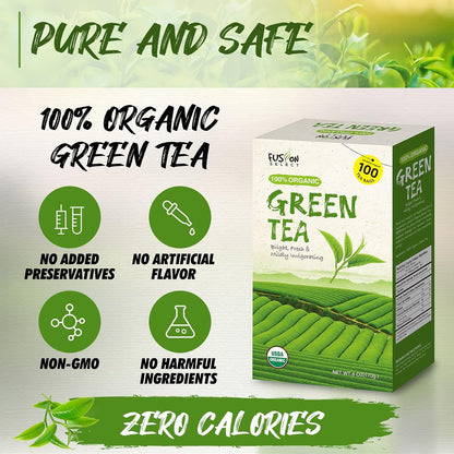 Fusion Select Organic Green Tea - Fresh Drink with Mild & Bright Flavor - Easy to Brew - Relaxing Tea Beverages with Antioxidant Support - 100 Individual Tea Bags per Box