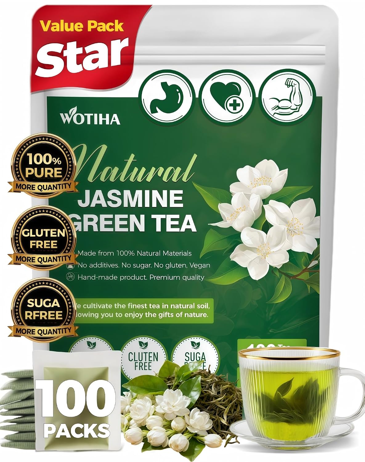 WOTIHA 60 Count Premium Lemon Balm Tea Bags - 100% Pure Natural Leaves, Lemony Citrusy Flavor, Supports Calming & Digestion, Caffeine-Free, Additive-Free, Sugar-Free, Vegan Non-GMO