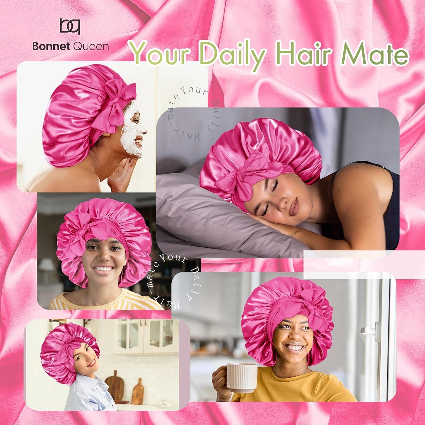 BONNET QUEEN Silk Bonnet for Sleeping for Women Satin Bonnet Night Cap for Curly Hair with Tie Band, Single Layer, Cream Pink
