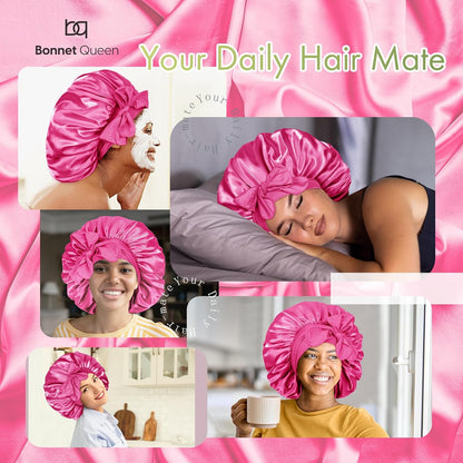 BONNET QUEEN Silk Bonnet for Sleeping for Women Satin Bonnet Night Cap for Curly Hair with Tie Band, Single Layer, Cream Pink