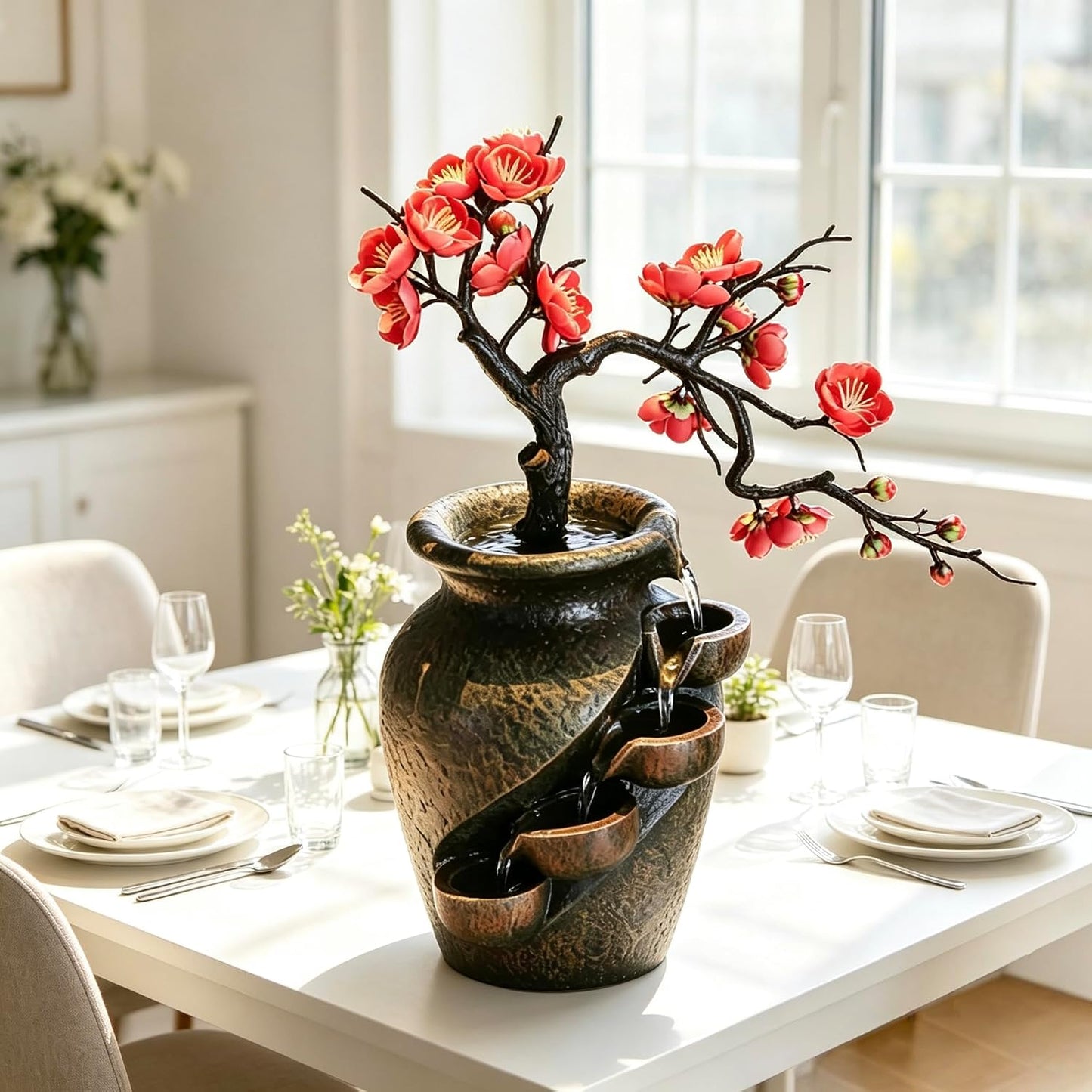 Mini Artificial Bonsai Tree Waterfall Fog Feature Rock Tabletop Fountain | 11in Desktop Decor Waterfall Fountain W/ Water Pump& Atomizer&LED Lights &Fake Tree Office Bedroom Relax