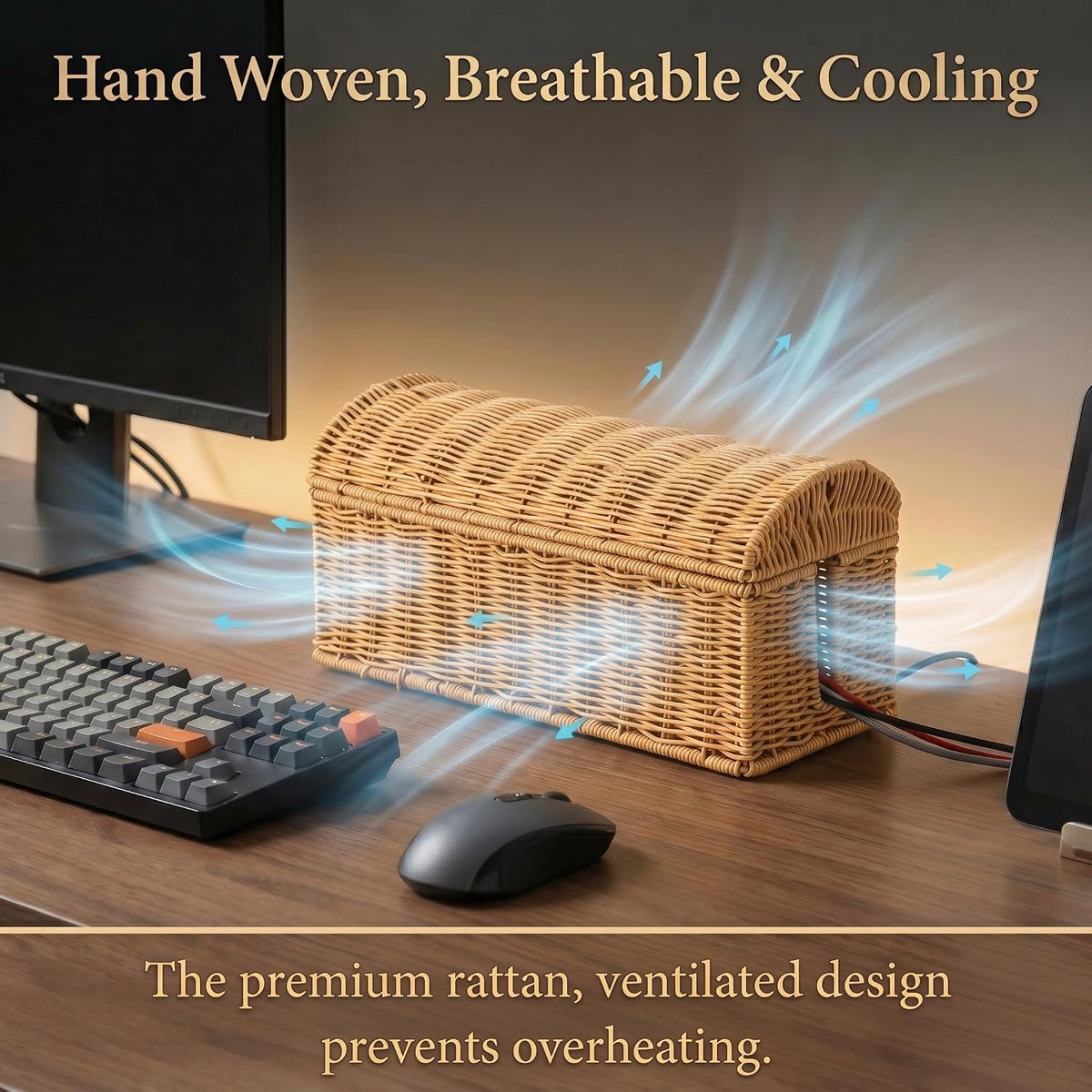 PP Rattan Cable Management Box to Hide Cords and Power Strip