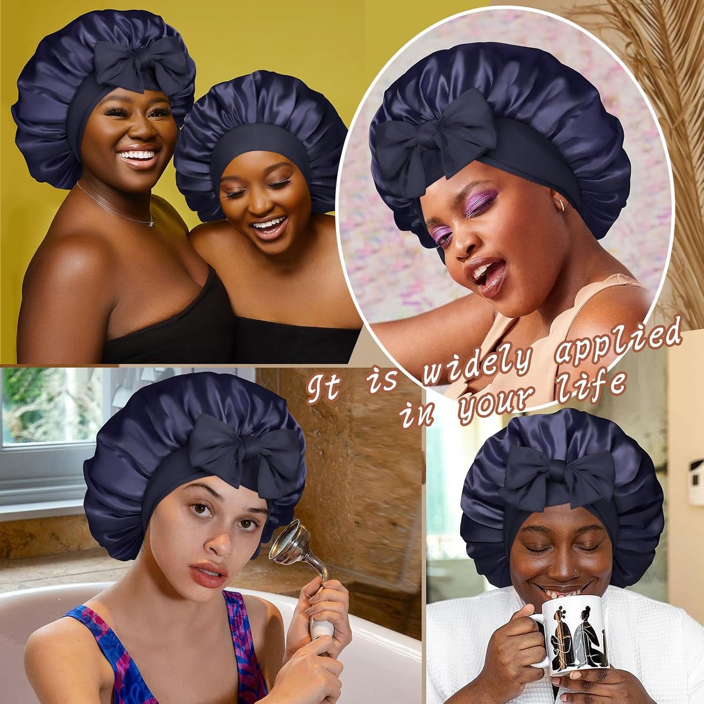 Satin Bonnet for Sleeping Cap Double Layer Hair Bonnet with Elastic Tie Band for Curly Hair Night Cap (Bean Paste + Pink)
