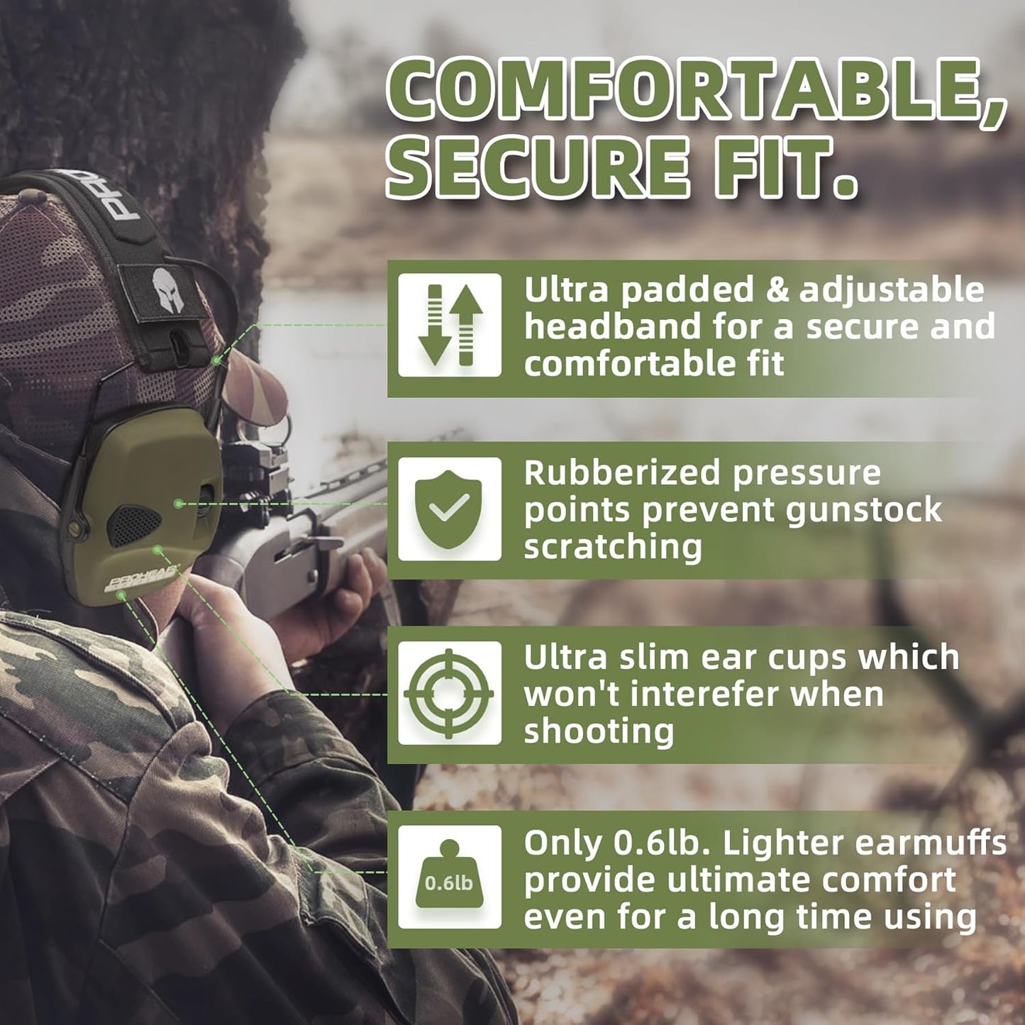 PROHEAR Electronic Ear Protection for Shooting with 4X Sound Amplification, Gun Range Hearing Protection Muffs, NRR 23dB Noise Reduction Headphones for Hunting, Green