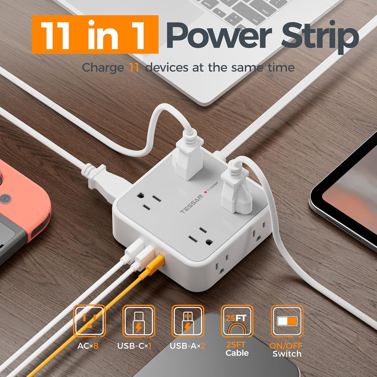 TESSAN Surge Protector Power Strip with 900J Surge Protection, 5 Ft, Grey