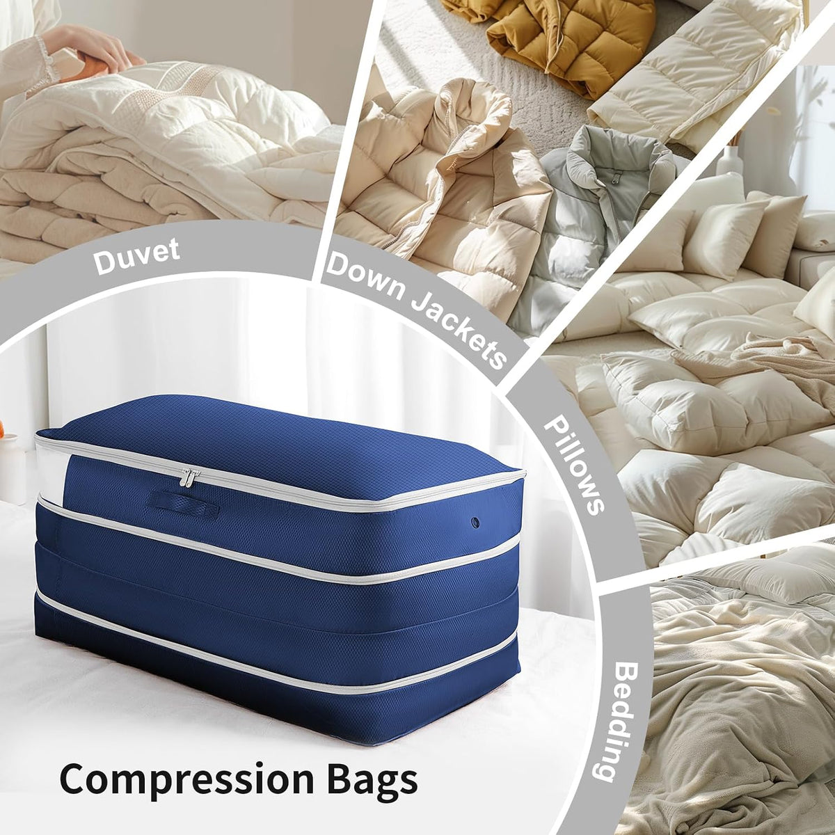 Comforter Storage Bag - Large Capacity Bedding Storage Bags Ultra Space Saving Self Compression Organizer, Washable Compression Bags for Storage Comforter Blanket Duvet Pillow, Beige