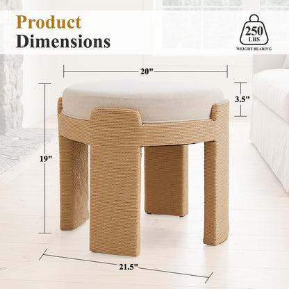 Round Foot Stool Ottoman Set of 2, Boho Hand-Woven Rope Upholstered Accent Footrest Vanity Stool Fully Assembled for Bedroom Living Room, Beige Linen