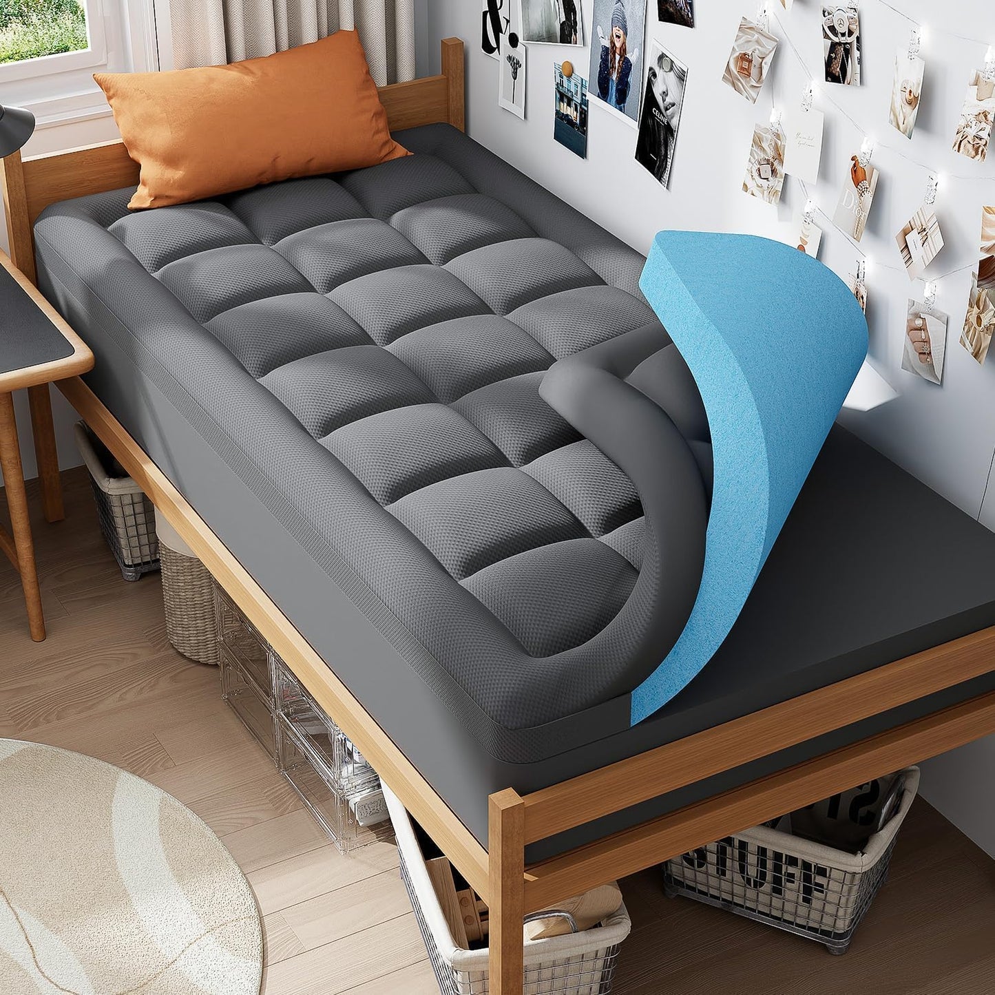 ELEMUSE Twin XL Dorm Dual Layer 3 Inch Memory Foam Mattress Topper for College, Dorm Room Essentials, 2 Inch Cooling Gel Foam and 1 Inch Soft Pillow Top Bed Pad,Back to School Comfortable Support