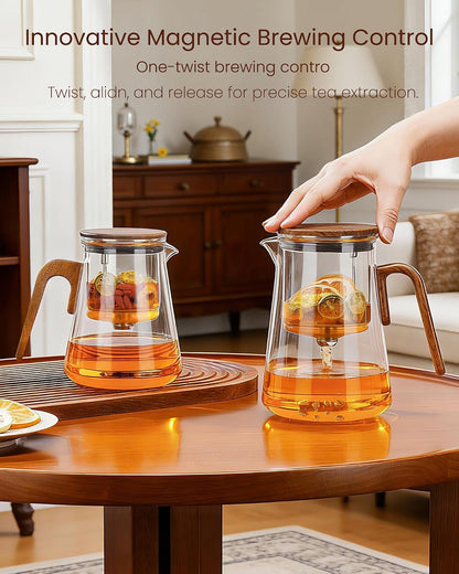 ZENS Magnetic Tea Pot, Enchanted Glass Teapot with Infuser and Magnetic Suction Lid for Mess-Free Loose Tea Diffusers, Walnut Wood Handle, Tea Lovers Gifts