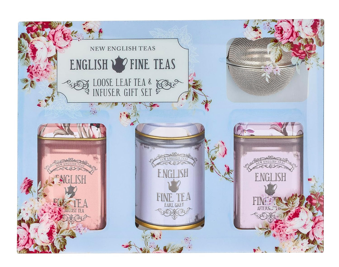 New English Teas Loose Leaf Tea & Infuser Gift Set – 3 Vintage Floral Tins with Breakfast, Earl Grey & Afternoon Blends with Loose Tea Infuser