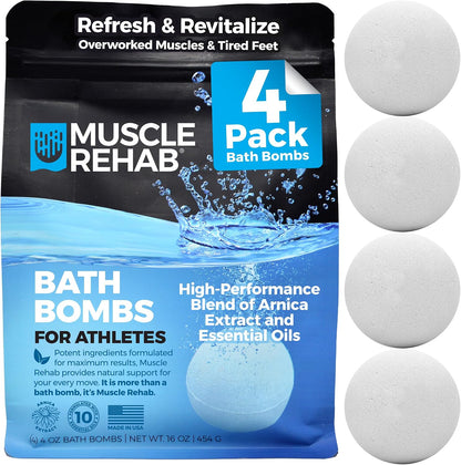 Muscle Rehab Epsom Salt Bath Bombs with Arnica (4 Pack) | Magnesium Recovery Soak for Sore Muscles, Post-Workout Relief & Relaxation | Eucalyptus, Turmeric & Clary Sage Essential Oils