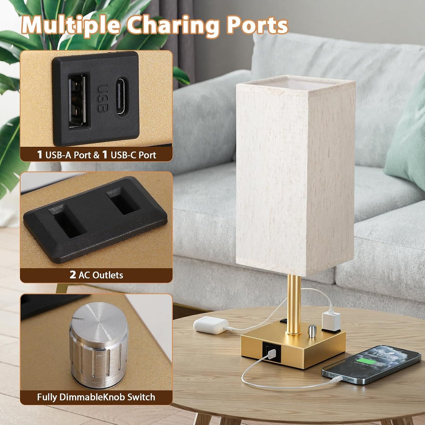 Bedside Table Lamps Set of 2 for Bedroom - Dimmable, USB C+A, 2 AC Outlets