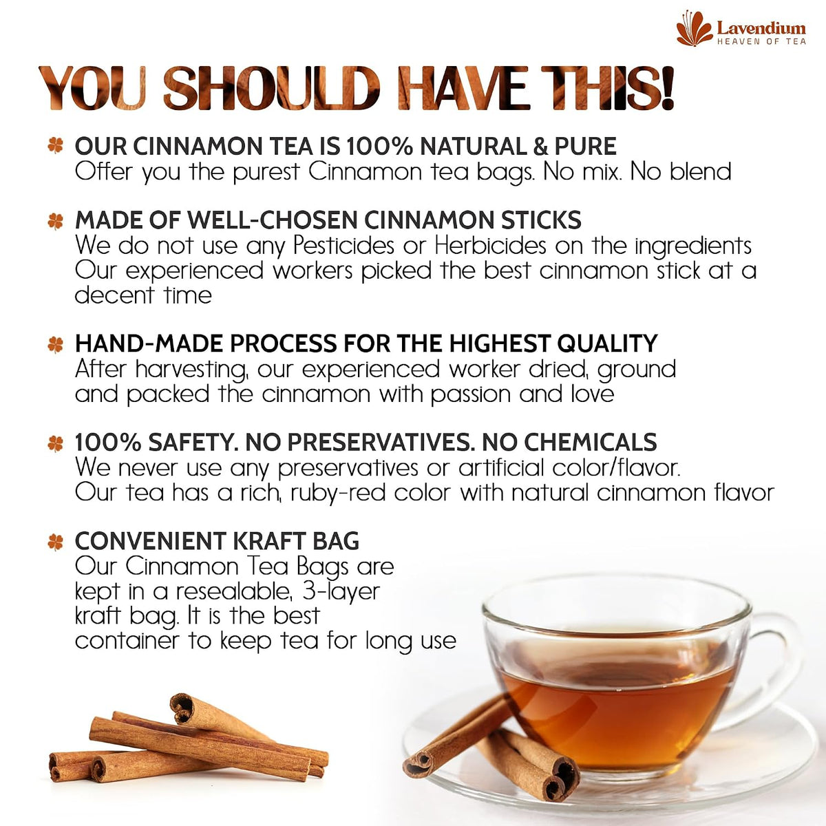 Lavendium Ceylon Cinnamon Tea Bags, Cinnamon Tea, Caffeine-Free