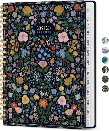 Planner 2026-2027, Academic Monthly and Weekly Calendar Planner for Women, July 2026 - June 2027, Hardcover Pretty Agenda Planner Book with Tabs, Spiral Daily Organizer for School Office Home Supplies, 6.3" x 8.5" - Blue Floral