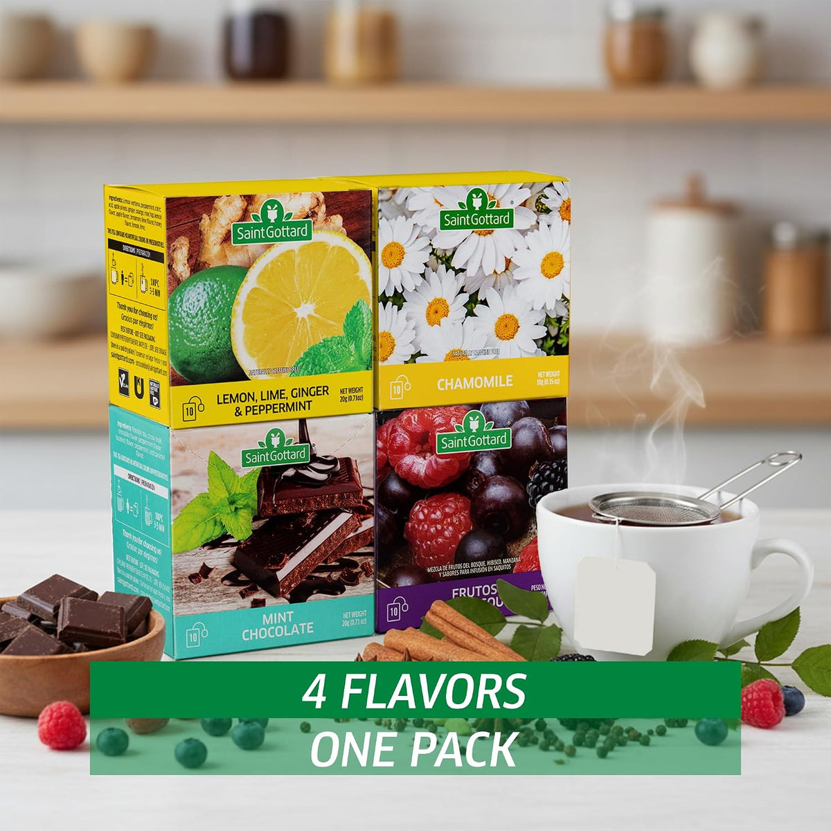 [MIX ESSENTIALS] - Saint Gottard Herbal Tea Variety Pack – Caffeine-Free Best-Sellers Sampler, Natural Ingredients, Hot or Iced Tea, Top-Selling Fruit & Wellness Blends, Aromatic & Smooth Taste, 40 Tea Bags