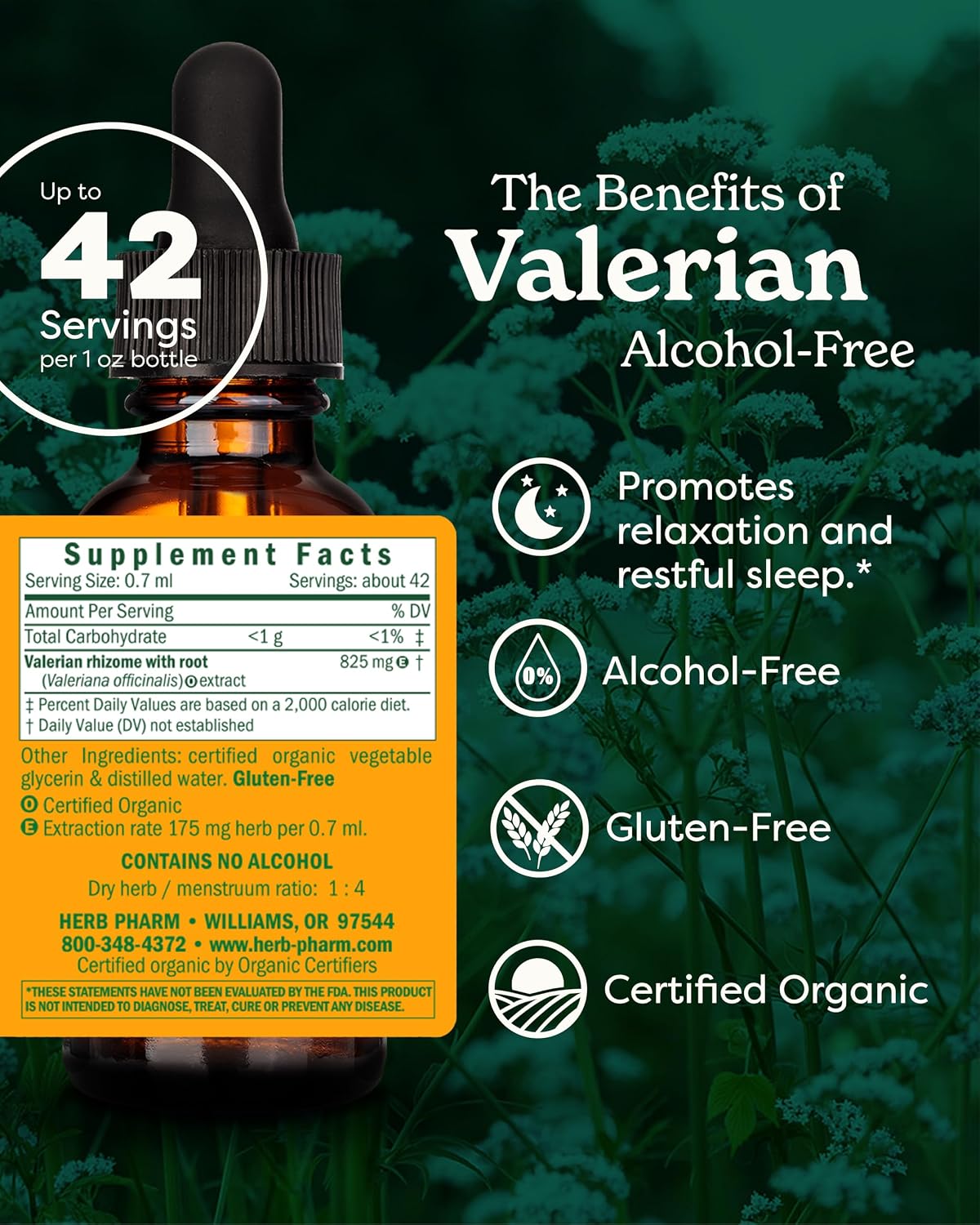 Herb Pharm Valerian Alcohol-Free Extract: Organic Liquid Glycerite for Sleep & Relaxation, Calming Nighttime Sleep Support Supplement for Adults, Sugar-Free, Up to 6 Week Supply, 1 oz