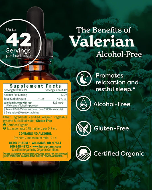 Herb Pharm Valerian Alcohol-Free Extract: Organic Liquid Glycerite for Sleep & Relaxation, Calming Nighttime Sleep Support Supplement for Adults, Sugar-Free, Up to 6 Week Supply, 1 oz