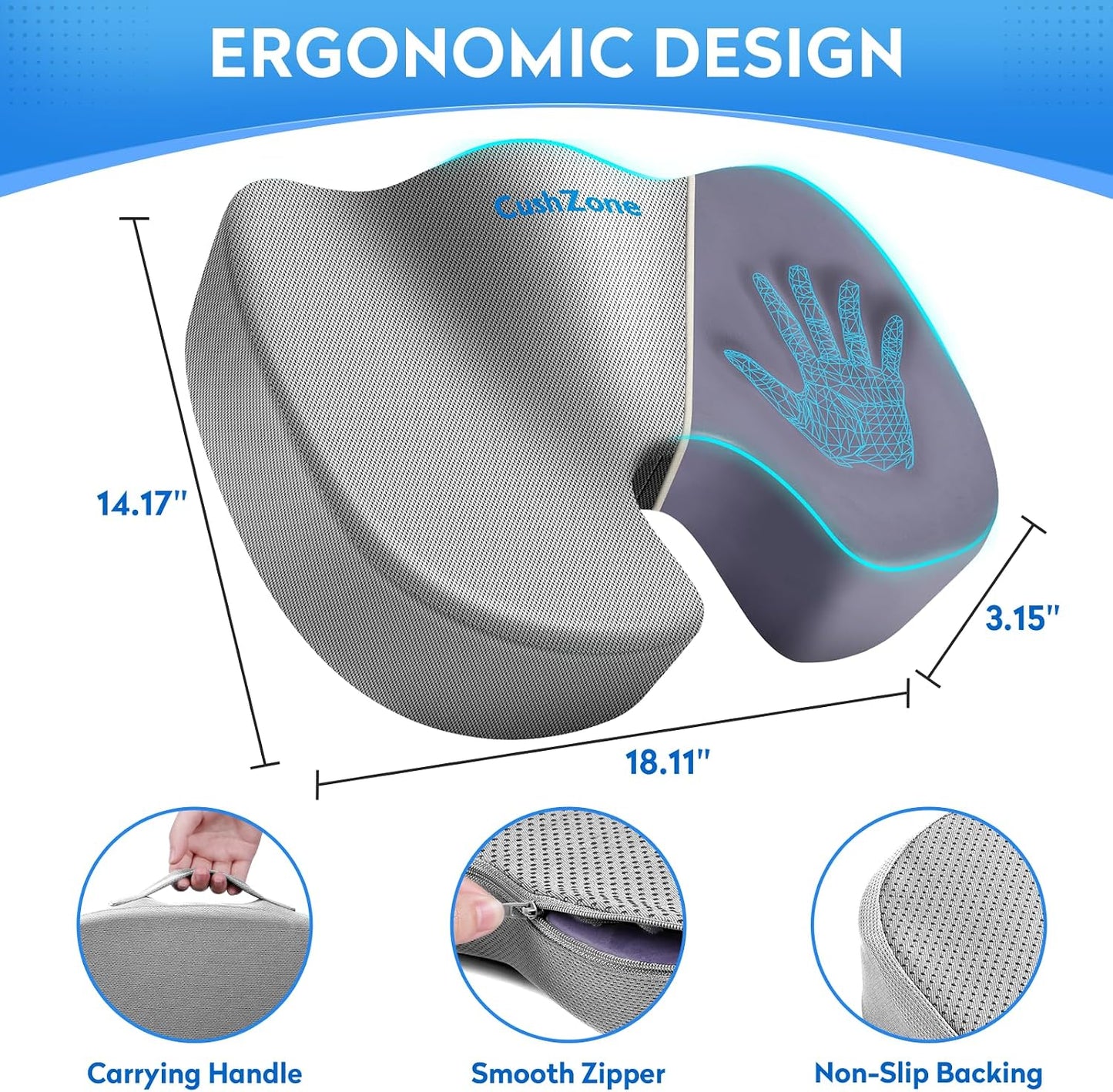 CushZone Seat Cushion - Memory Foam Office Chair Cushion for Sciatica, Tailbone & Back Pain Relief - Orthopedic Coccyx Pillow for Car, Airplane, Pregnancy & Long Sitting at Work, Black