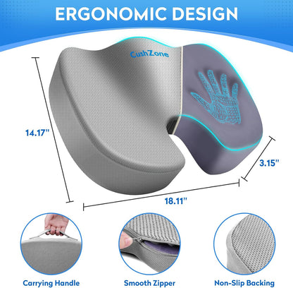 CushZone Seat Cushion - Memory Foam Office Chair Cushion for Sciatica, Tailbone & Back Pain Relief - Orthopedic Coccyx Pillow for Car, Airplane, Pregnancy & Long Sitting at Work, Black