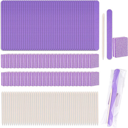 Disposable Manicure Kit - 50pc Mini Nail Buffer, Nail File, Wood Stick, OPP Bag, Press On Nail Tool Kit for Salon Home (Purple)