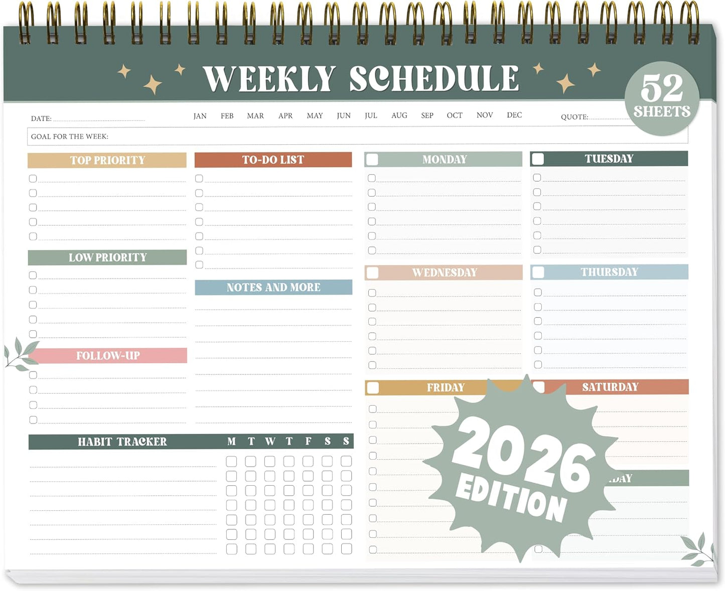 Rainbow Boho Weekly Planner Undated - 52 Sheets Weekly To Do List Notepad, Large 8.5x11" Tear-off Desk Weekly Planner Pad For Work, School, Home Office Organization & Productivity