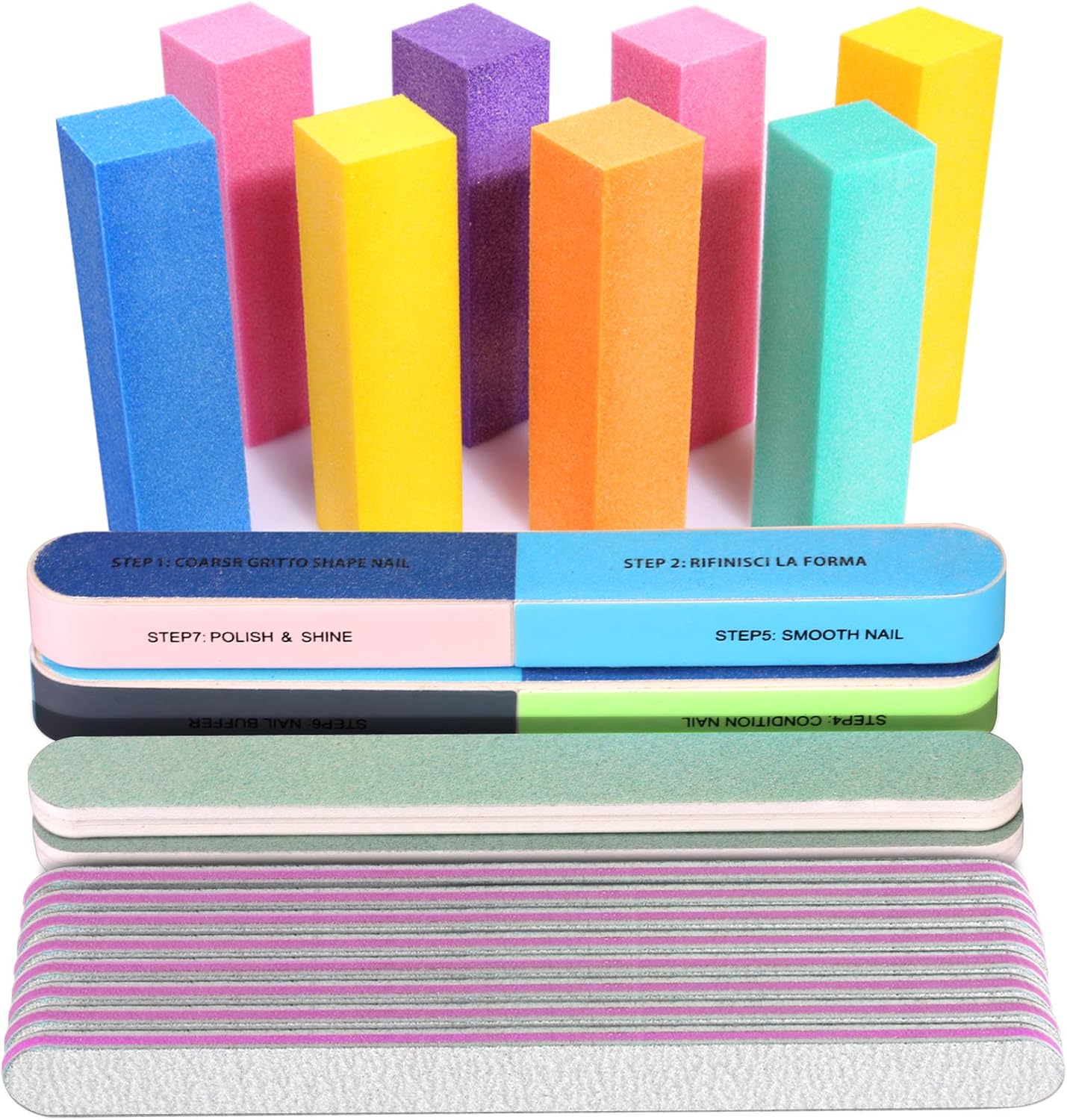 FANDAMEI Nail Files and Buffers, 20PCS Nail File Kit. Rectangular Nail Buffer Block & 100/180 Grit 7 Way Nail File & Polishing Buffer. Nail Prep Kit. Professional Manicure Nail Tools