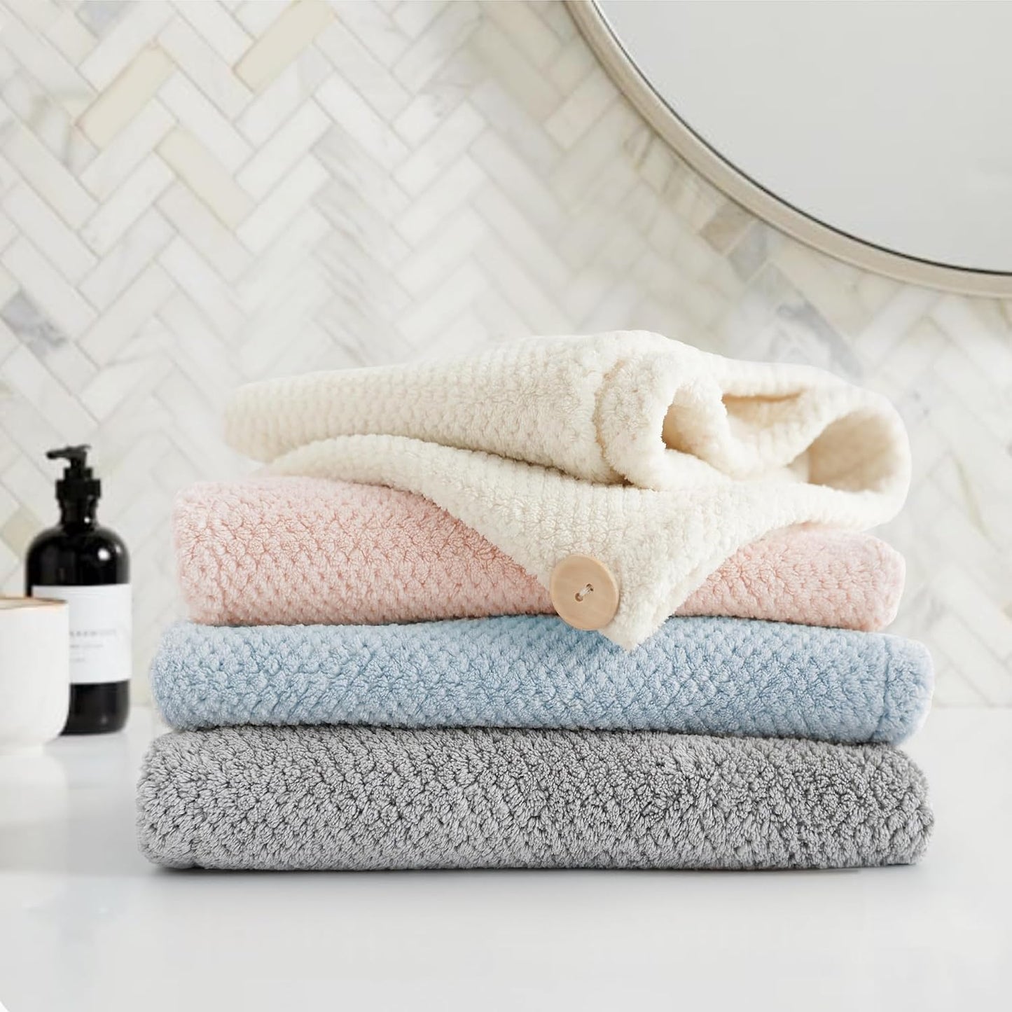 ROLSHOL Extra Large 4 Pack Microfiber Hair Towel Wrap for Women Super Absorbent & Quick Dry Hair Drying Towels with Button, Hair Turbans for Curly Hair Long & Short Hair - Anti-Frizz