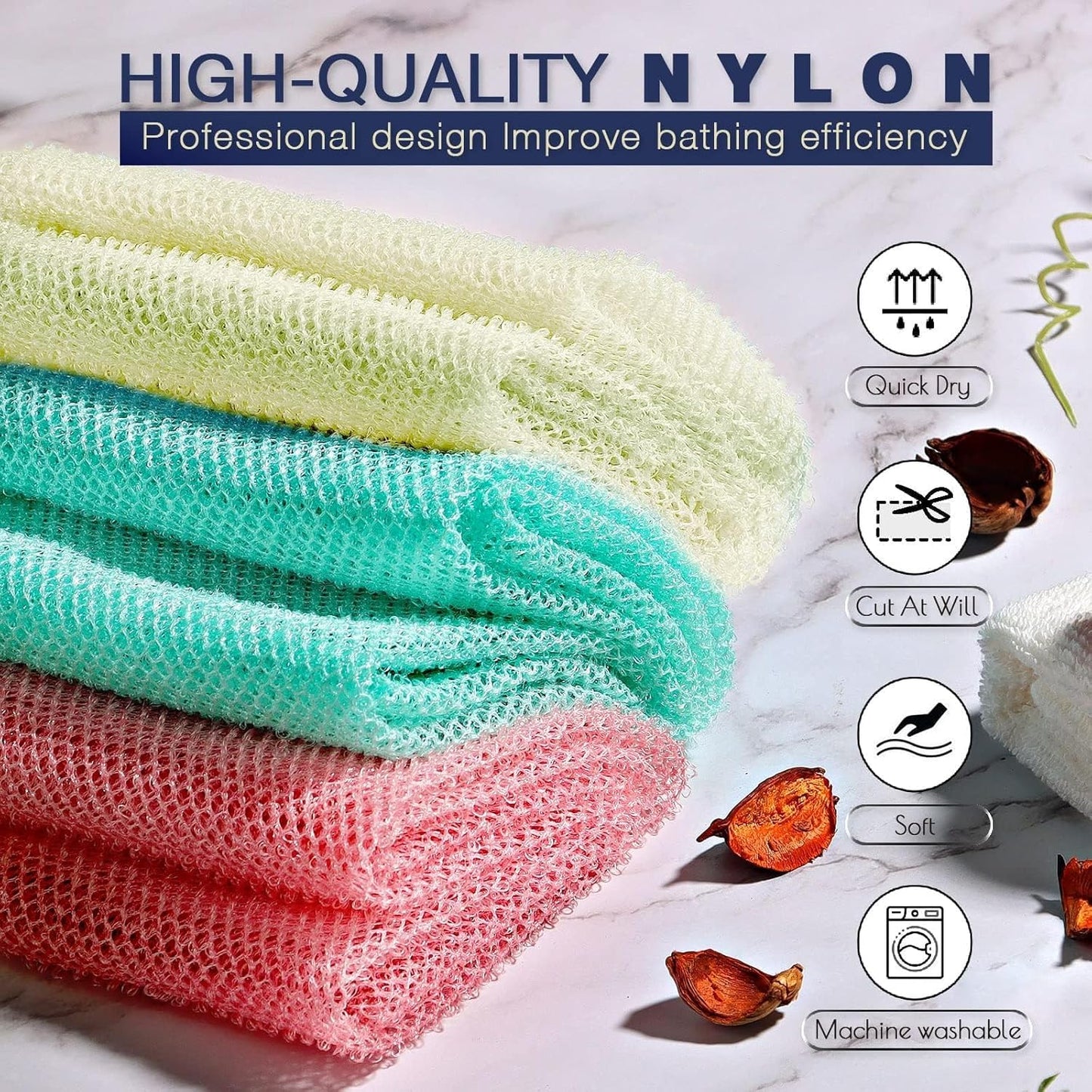 UJFQBH 3 Pieces African Bath Sponge African Net Long Net Bath Sponge Exfoliating Shower Body Scrubber Back Scrubber Skin Smoother,Great for Daily Use (Pink,Yellow,Purple)