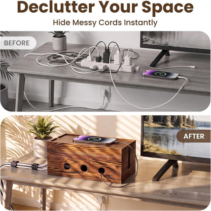 Large Cable Management Box Wooden Cord Organizer Box for Power Strip, Surge Protector, Extension Cords, Chargers & Wires, Cable Hider Box for Desk