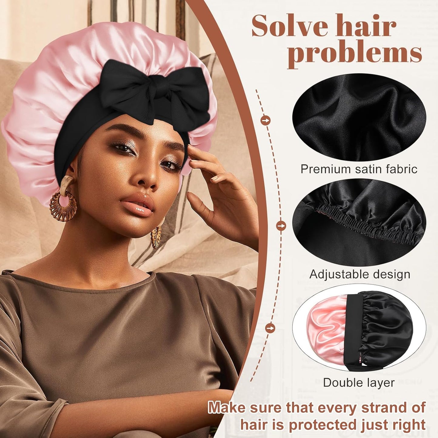 Satin Bonnet for Sleeping Cap Double Layer Hair Bonnet with Elastic Tie Band for Curly Hair Night Cap (Bean Paste + Pink)