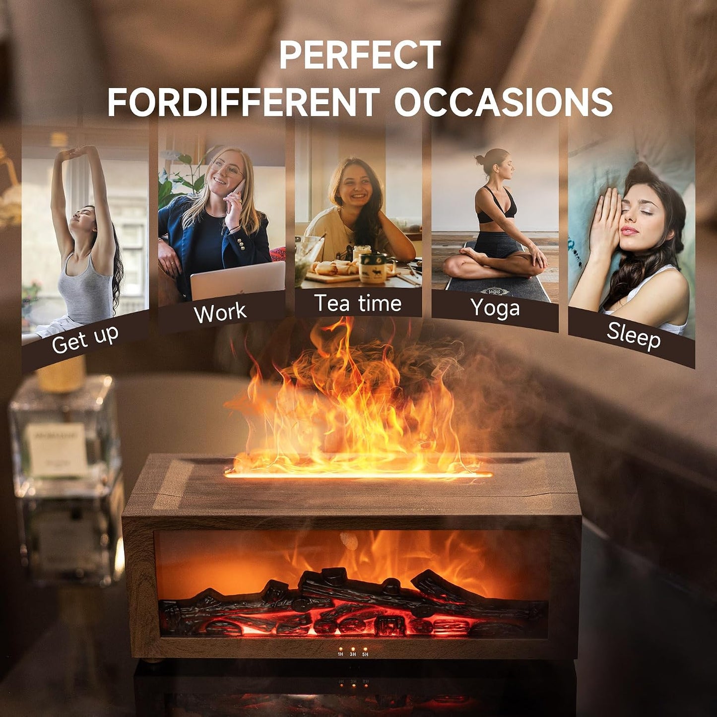 TMEHM Fireplace Flame Air Diffuser Humidifier,7 Colors Aromatherapy Essential Oil Diffuser,Ultrasonic Aroma Humidifier with Timer for Home,Bedroom,Office,Yoga (Black)