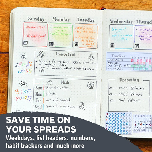 Simple Productivity Weekly Planner Stickers (Black & White) - 30 Sheets of Writable and Transparent Stickers - Mini Calendars, Habit Tracker, Days, Numbers - Supplies for Bullet Dotted Journals