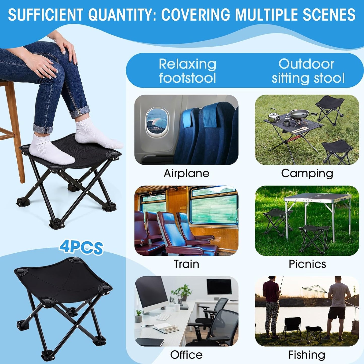 Ripeng 4 Pcs Portable Airplane Travel Foot Rest, Folding Camping Stool, Under Desk Foot Rest at Work for Long Flight, Home and Office Outdoor Hiking Fishing with Carry Bag (Black)
