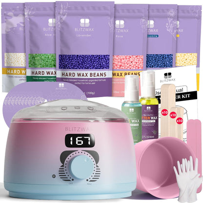 BLITZWAX Brazilian and Bikini Waxing Kit for Women, Hard Wax Warmer for Face, Legs and Body, At Home Hair Removal Kit, Beginner Friendly, Digital Fast Heating, 51 Wax Items