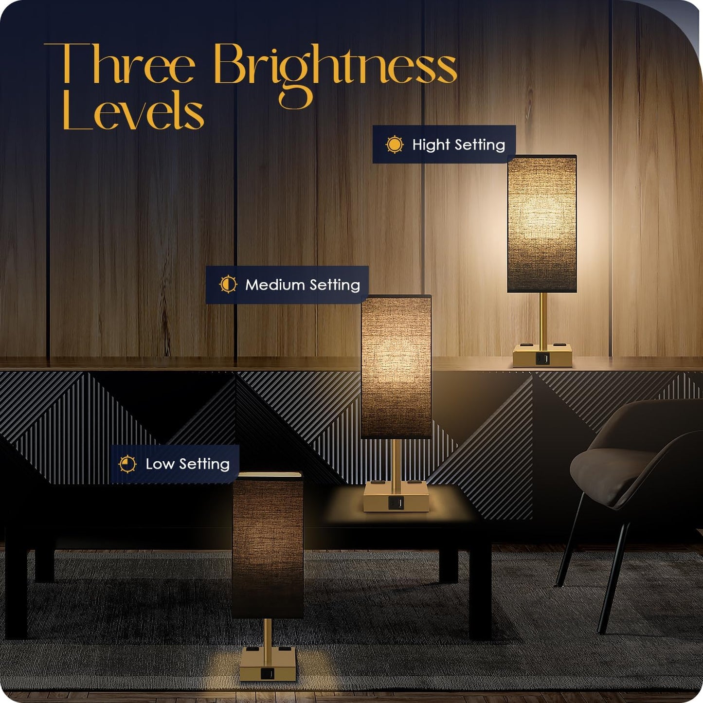 Bedside Table Lamp for Bedroom - Touch Small Lamp with USB C+A Charging Ports & AC Outlets, 3 Way Dimmable Nightstand Light for Living Room (LED Bulb Included, Grey)