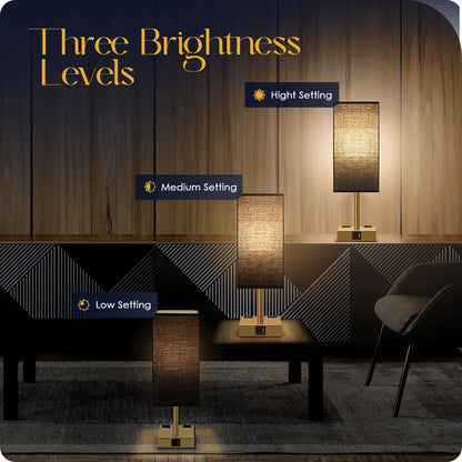 Bedside Table Lamp for Bedroom - Touch Small Lamp with USB C+A Charging Ports & AC Outlets, 3 Way Dimmable Nightstand Light for Living Room (LED Bulb Included, Grey)